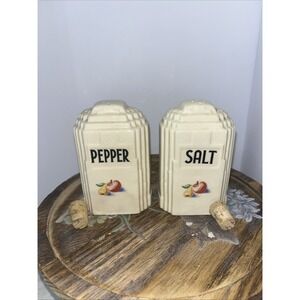Vintage Harker Pottery Salt and Pepper Shakers Fruit Design Skyscraper Set